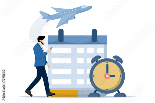 travel plan concept, vacation plan or business trip dates concept, businessman organizes business trip plans. plane on the calendar. flat vector illustration on white background.
