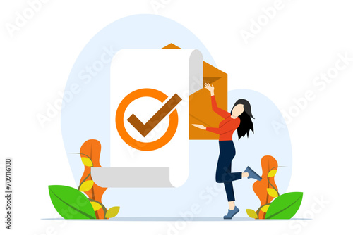happy woman with checked documents in envelope. Concept of confirmation, letter of acceptance or approval, verification. Flat vector illustration on white background. photo