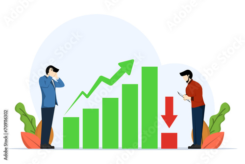 stressed investor businessman looking at falling graph. Forecast or predict the next economic recession, underperformance or decline in GDP, stock market decline, or decline in income concept.
