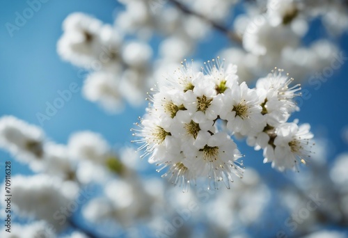 Blooming fluffy willow branches in spring close-up on nature macro on blue background sky with white