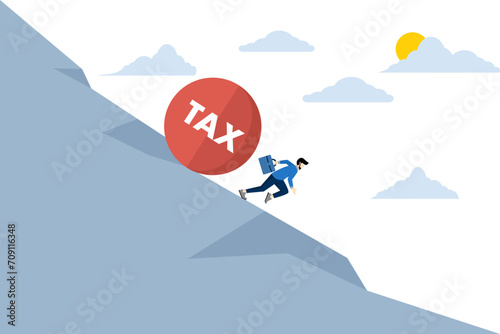 a large, heavy tax ball rolled down the hill until the employer's workers ran away from the ball. Wrong tax payment due date or no financial planning for tax free investment concept.