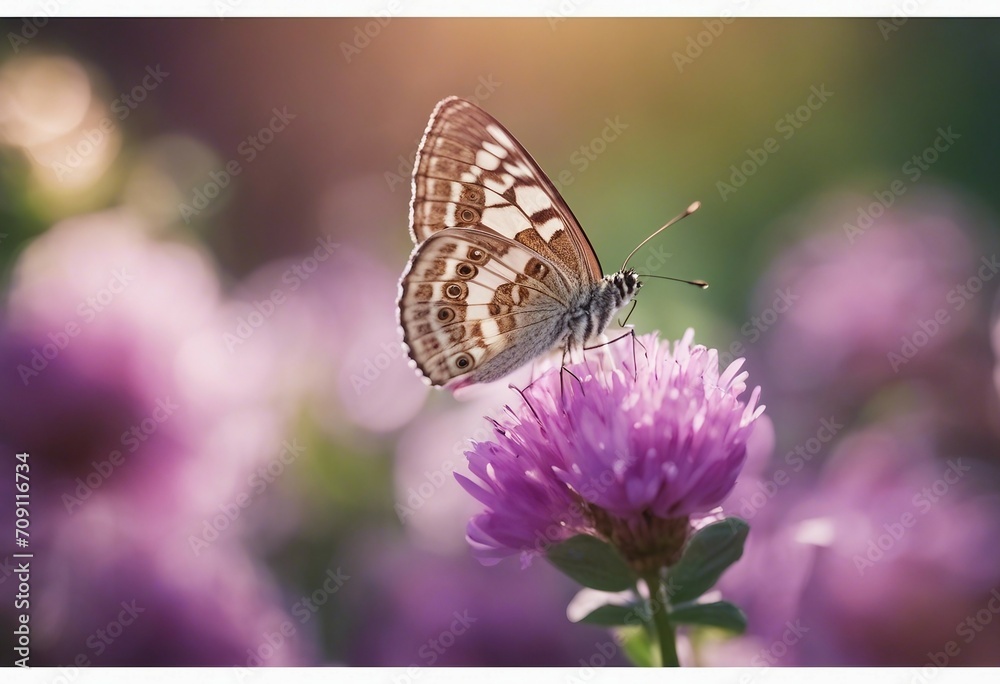 Gentle exquisite butterfly on a clover flower in spring in the summer glows in the rays of transpare Gentle exquisite butterfly on a clover flower in spring in the summer glows in the rays of transpare