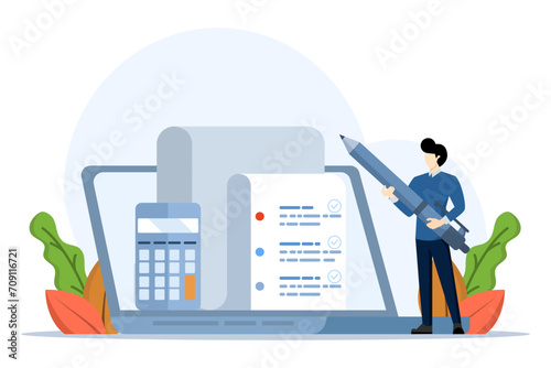 Expert businessman completes tax filing form with income tax filing, expert makes complete list of all concepts with deductions, refunds and payments, calculates income and fills out tax forms.