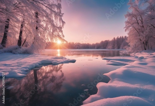 Frozen ice lake in winter in a park in the forest in sunny weather a panoramic view with a blue sky