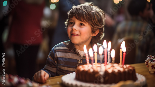 A little child celebrating his birthday is happy and blows out a cake with candles on top.