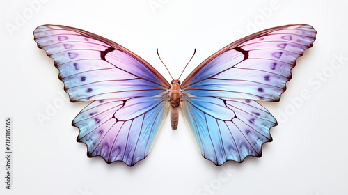 Beautiful colorful bright multicolored tropical butterflies with wings spread in flight isolated on white background, close-up macro.