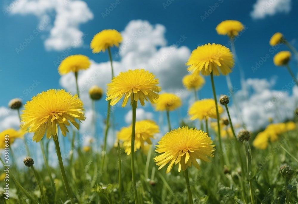 Many yellow dandelion flowers on meadow in nature in summer close-up macro against a blue sky with c Many yellow dandelion flowers on meadow in nature in summer close-up macro against a blue sky with c