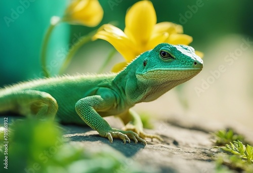 Lizard shadow on green sheet close-up macro Lizard and a flower on a beautiful soft turquoise and ye