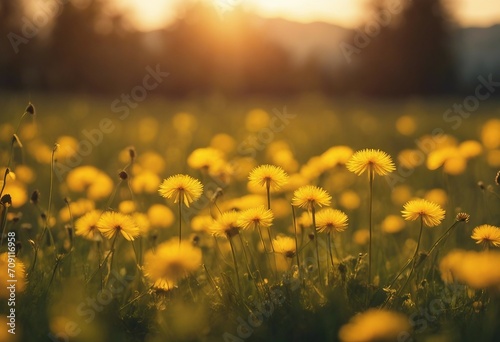 Many yellow dandelion flowers on meadow in nature in summer close-up macro in rays of sunlight at su © ArtisticLens