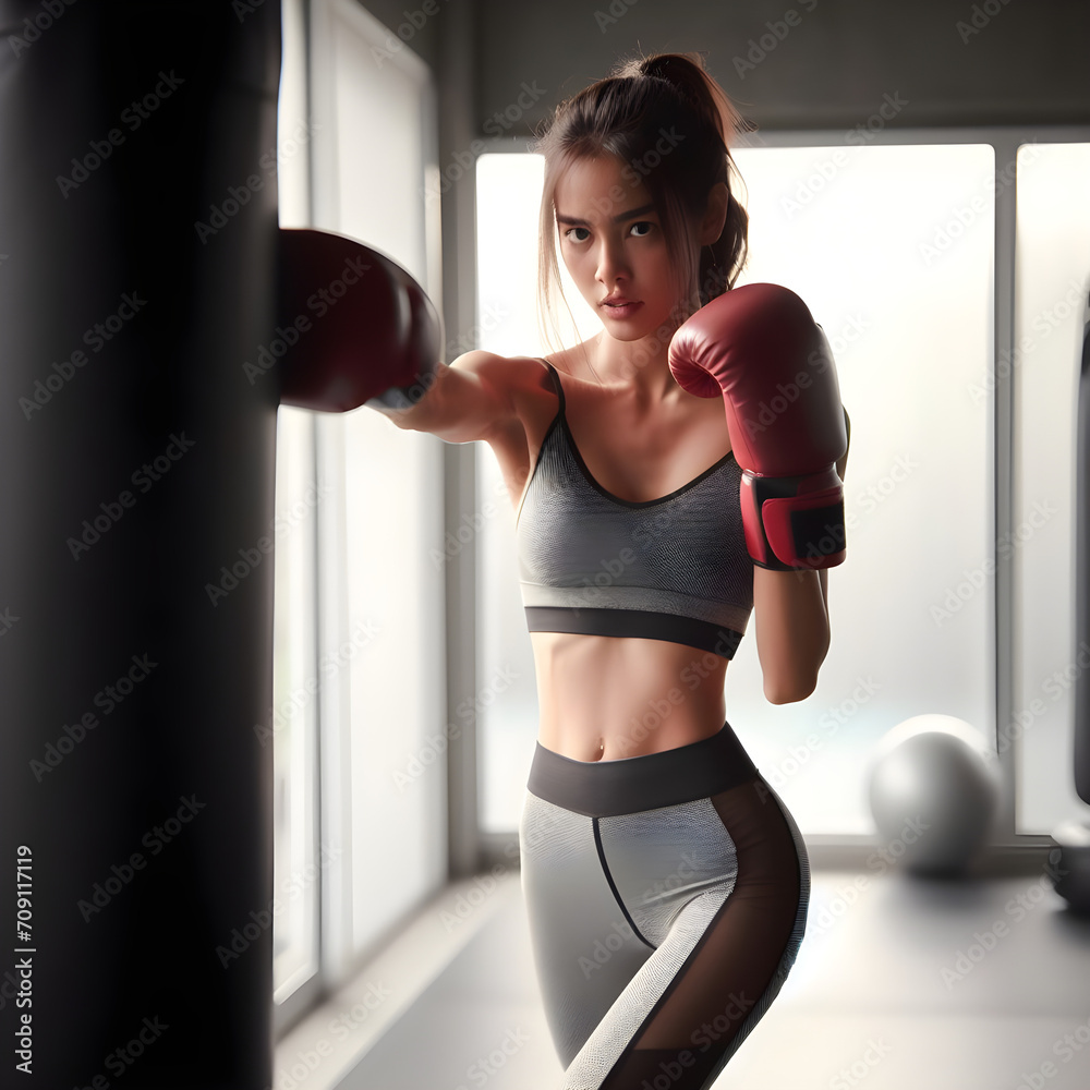 Sporty girl doing boxing exercises