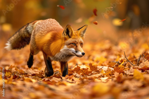 A red fox gracefully moves through an autumn forest