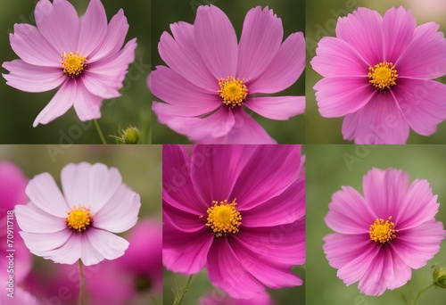 Set of six pink Cosmos bipinnatus flowers with different perspective isolated on white background Or photo