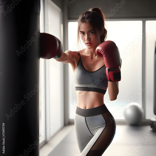 Sporty girl doing boxing exercises