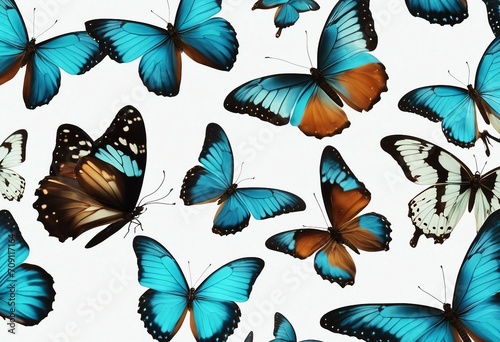 Set two beautiful blue turquoise tropical butterflies with wings spread and in flight isolated on wh