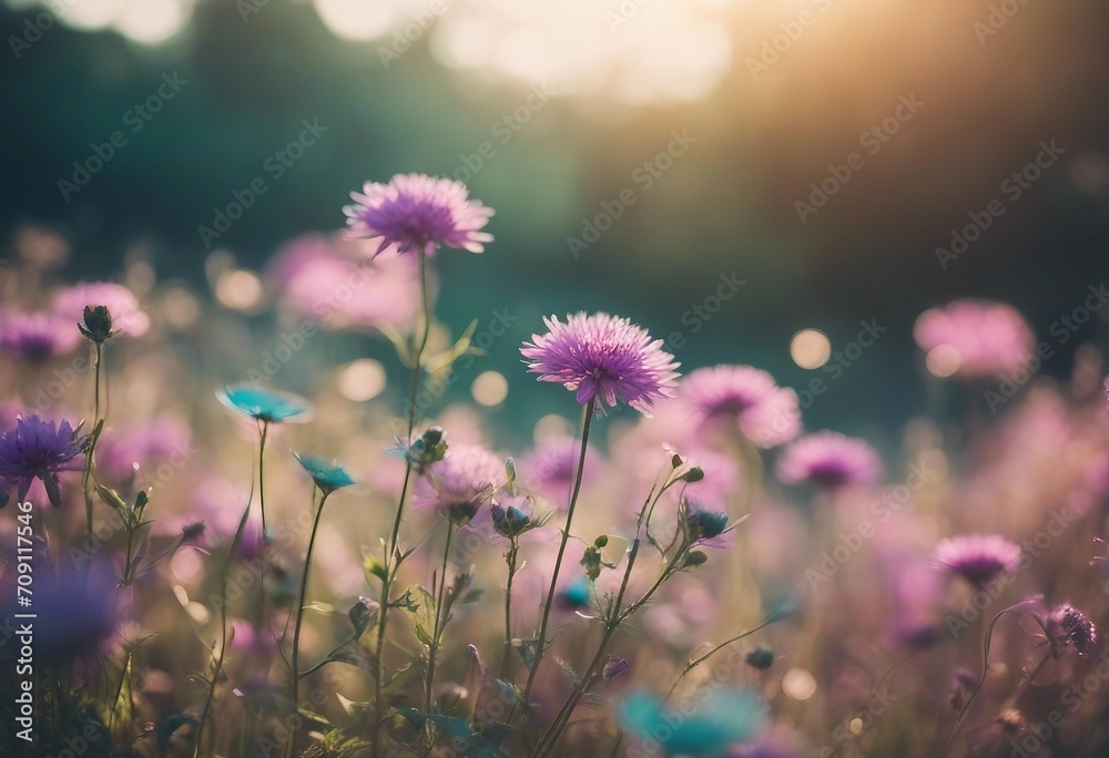 Wild flowers in field in nature in summer spring in sunlight with beautiful round bokeh with a soft