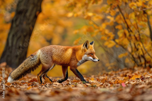 A red fox gracefully moves through an autumn forest © Veniamin Kraskov
