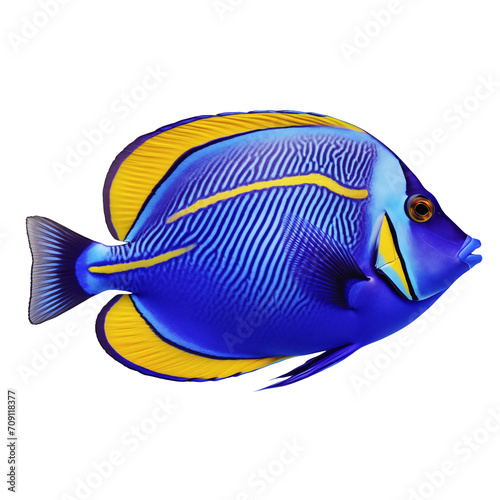 Multicolored aquarium fish on a transparent background, side view. The Blue Tang, an yellow and blue saltwater aquarium fish, isolated on a white background, a design element for insertion