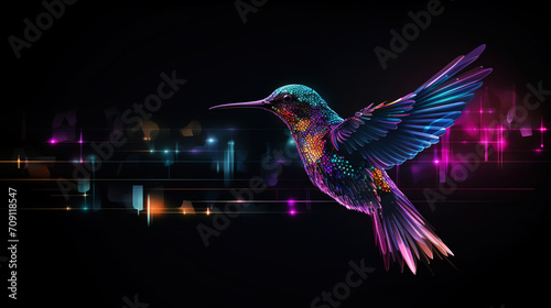 Big data visualization. Flight of a digital humming bird in neon colors. Information aesthetic design. Generative AI © kovalovds