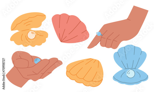 Seashells and hands set on white background. Pearl shells set. Nautical theme collection