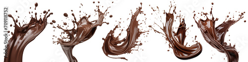 Set of a chocolate splashes isolated on white or transparent background. Close-up of a splash of fresh milk chocolate. An element to be inserted into a design or project.