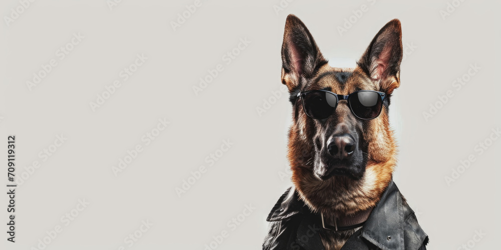 Obraz premium A German Shepherd, dressed as a security officer, stands confidently with sunglasses, offering wide banner space for text.