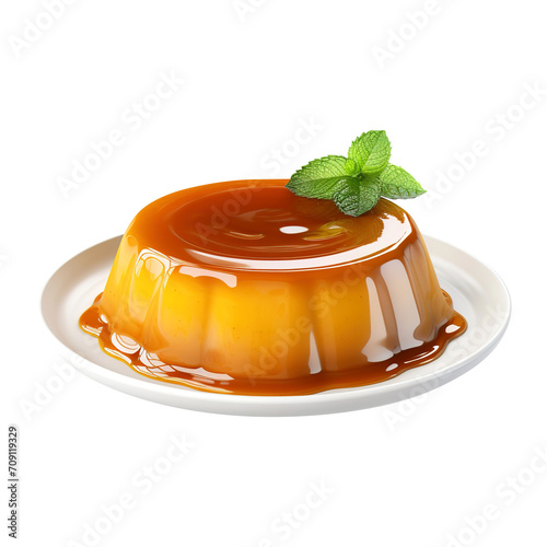 Caramel flan with syrup dessert in a plate isolated on transparent background Remove png, Clipping Path, pen tool