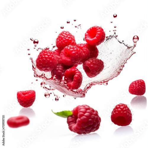 Falling raspberries, isolated on white: High-resolution individual shots - Generative AI