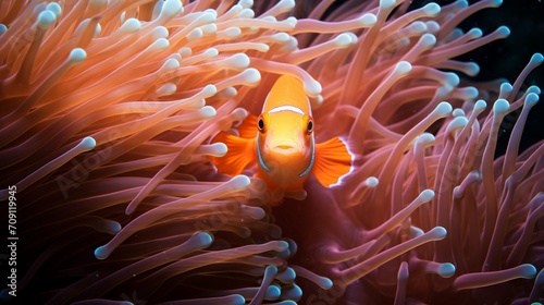 Curiosity Unleashed Photograph a clownfish peeking out from behind the anemone's tentacles, showcasing its curious and inquisitive nature