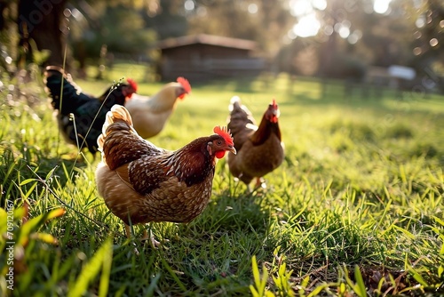 Chickens on the green grass in the sun on the farm