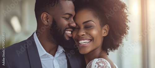 Happy couple embraces with support, care, and smiles at marriage commitment with style