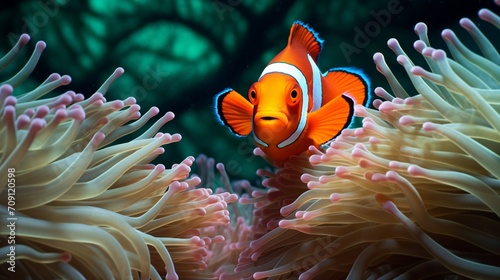 Curiosity Unleashed Photograph a clownfish peeking out from behind the anemone's tentacles, showcasing its curious and inquisitive nature © Hameed