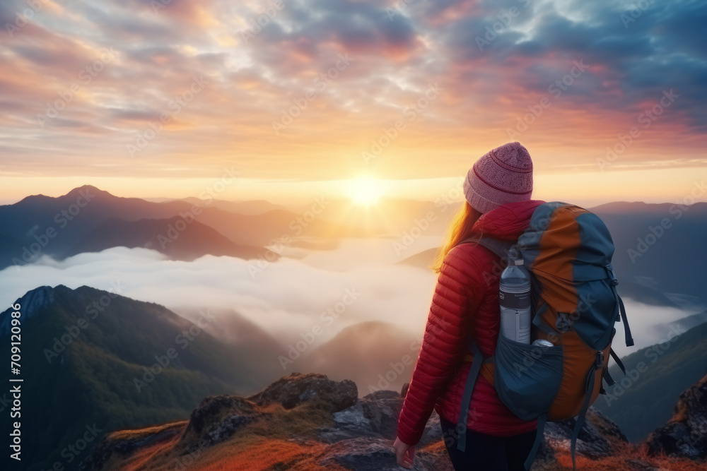 Woman with backpacker enjoying sunrise view at summit top in high mountain