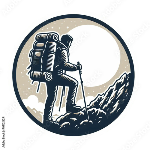 sticker design of a man climbing a mountain alone, wearing a mountain bag on his back, with a circle in the background