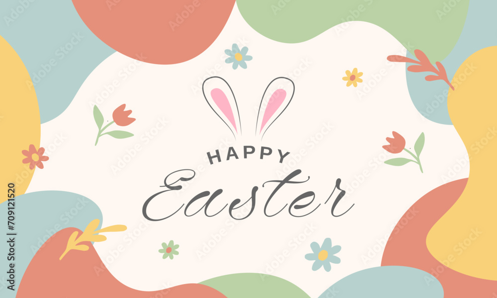 Happy Easter banner, poster, greeting card. Trendy Easter design with typography, bunnies, flowers, eggs, bunny ears, in pastel colors. Modern minimal style