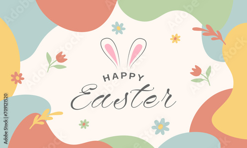 Happy Easter banner  poster  greeting card. Trendy Easter design with typography  bunnies  flowers  eggs  bunny ears  in pastel colors. Modern minimal style