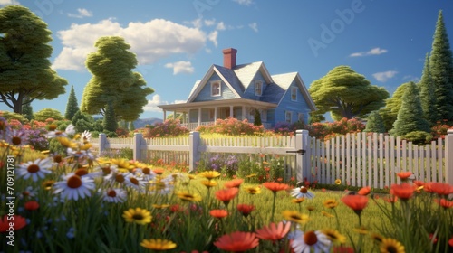 A detailed rendering showcases a cozy cottage nestled in a field of wildflowers  surrounded by a picket fence.