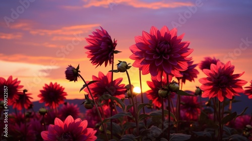 Dahlia Silhouette Photograph Dahlia flowers as silhouettes against the backdrop of the setting sun. Focus on the dark outline of the flowers  contrasting them against the colorful evening sky
