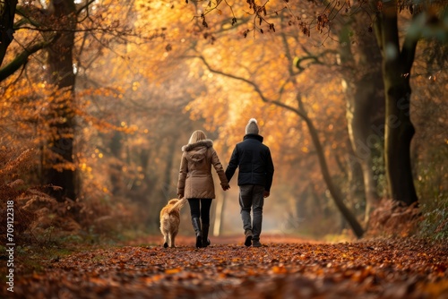 Couple with a dog walks on autumn park. AI generated © tiena