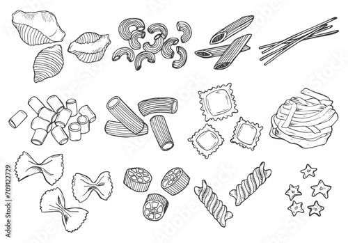Vector hand drawn pasta set. Vintage line art illustration.