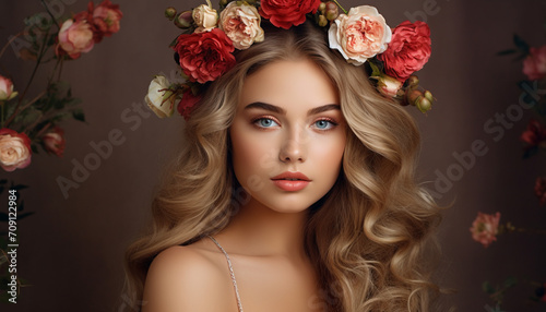 A trendy photo showing a stunning young woman with flowers in her hair, showing off flawless makeup, flawless complexion, and generally beautiful looks