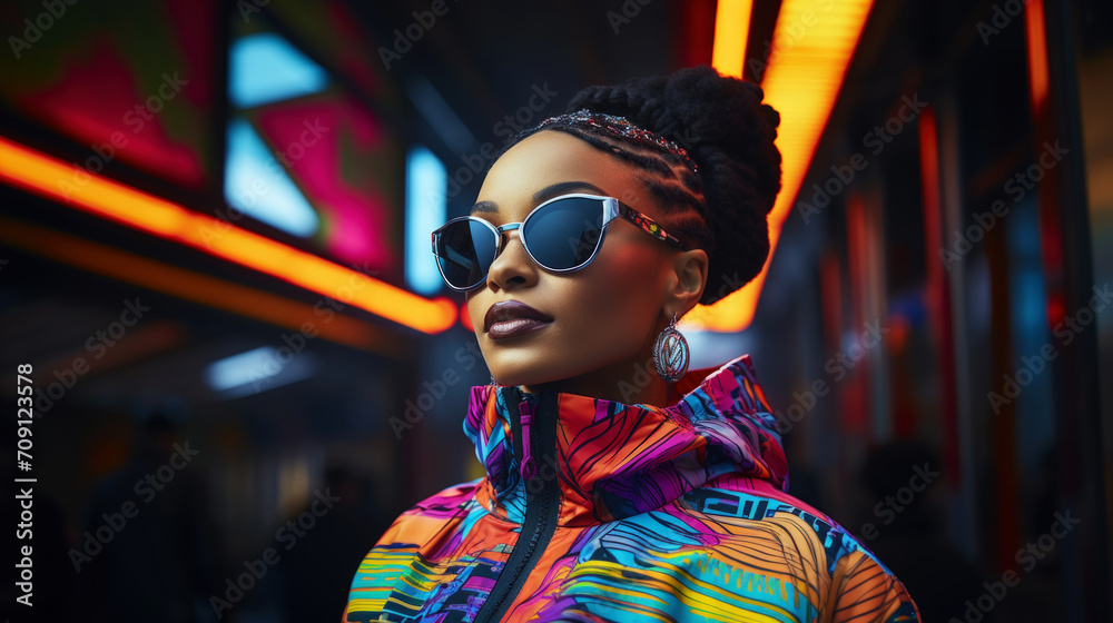 Photos of people in neon-colored street clothes. The style of the 90s meets the modern style. Generative AI Photos of people in neon-colored street clothes. The style of the 90s meets the modern style. Generative AI