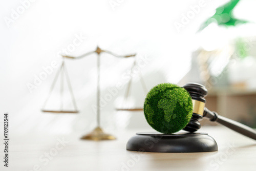Green law concept. international environmental law Climate or environmental justice Law on green forest conservation economy Environmental protection. Legal hammer placed on the desk
