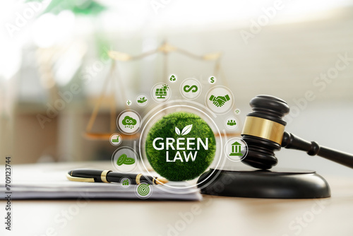 Green law concept. international environmental law Climate or environmental justice Law on green forest conservation economy. Icon on green ball complete with legal hammer photo