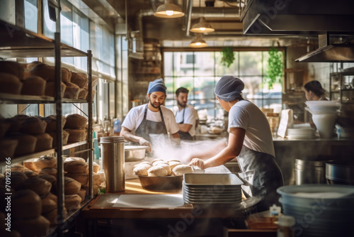 Bakery team at work taking dough for mixing