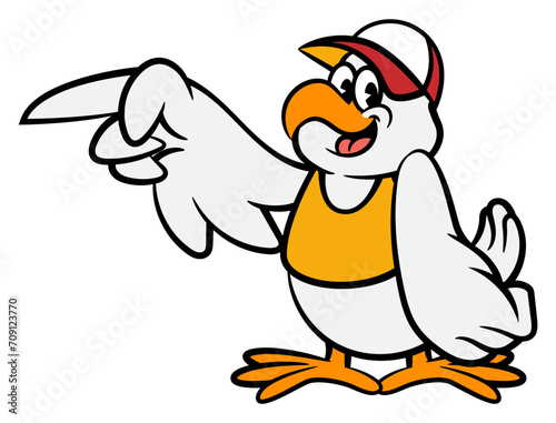 Cartoon illustration of A Big Chicken wearing cap and restaurant uniform with showing direction gestures. Best for sticker, logo, and mascot with fried chicken culinary business themes for children