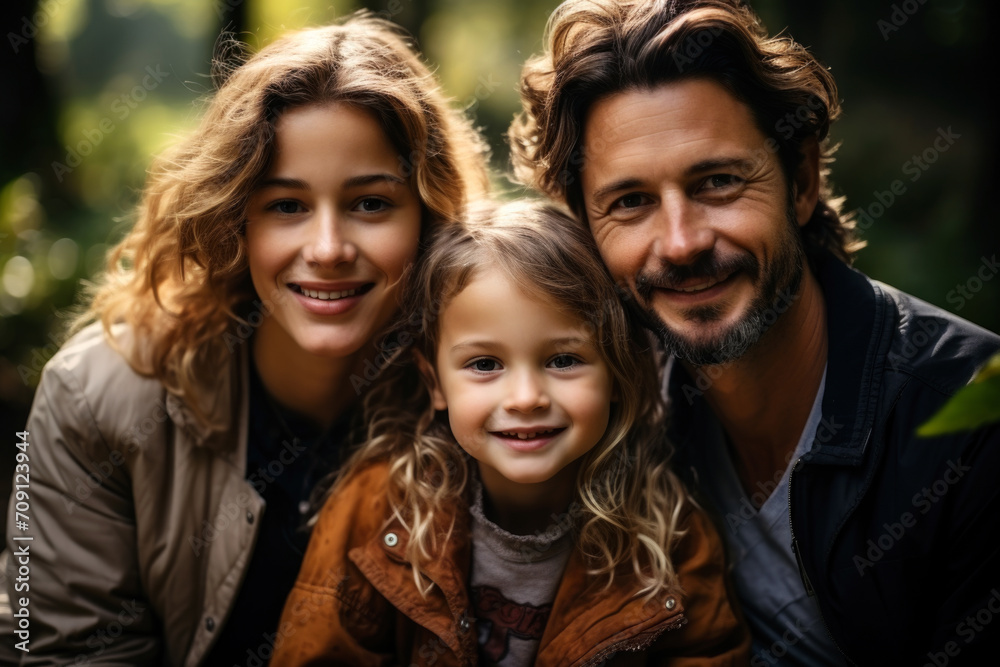 Happy family, mother, father and child outdoors, joyful parenthood