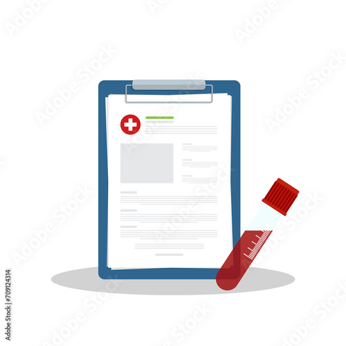 Blood analysis. Blood test. Medical research report clipboard with medical sample in a glass tube.