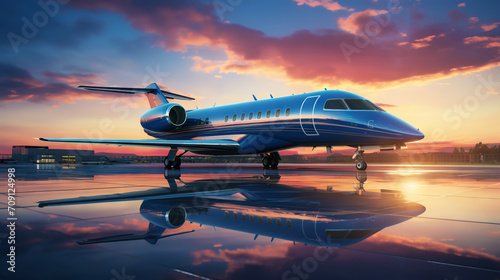 A photo of a business jet standing in front of an airport. A beautiful expensive airplane. Generative AI
