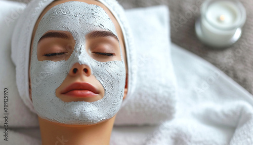 Woman with facial mask in spa. Face peeling mask, spa beauty treatment, skincare. Woman getting facial care by beautician at spa salon, side view,top view close-up