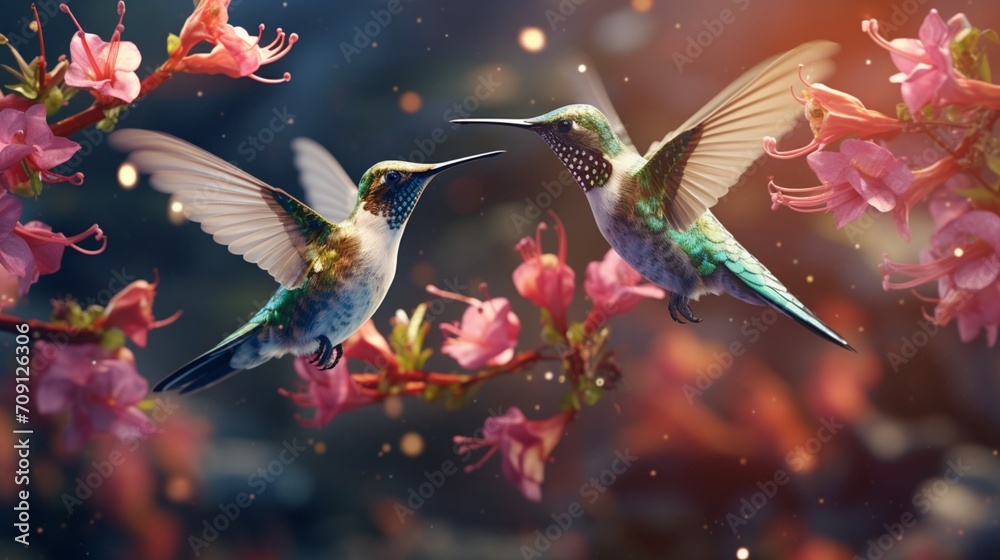 Fototapeta premium A detailed rendering showcases a pair of hummingbirds sipping nectar from a cluster of colorful flowers